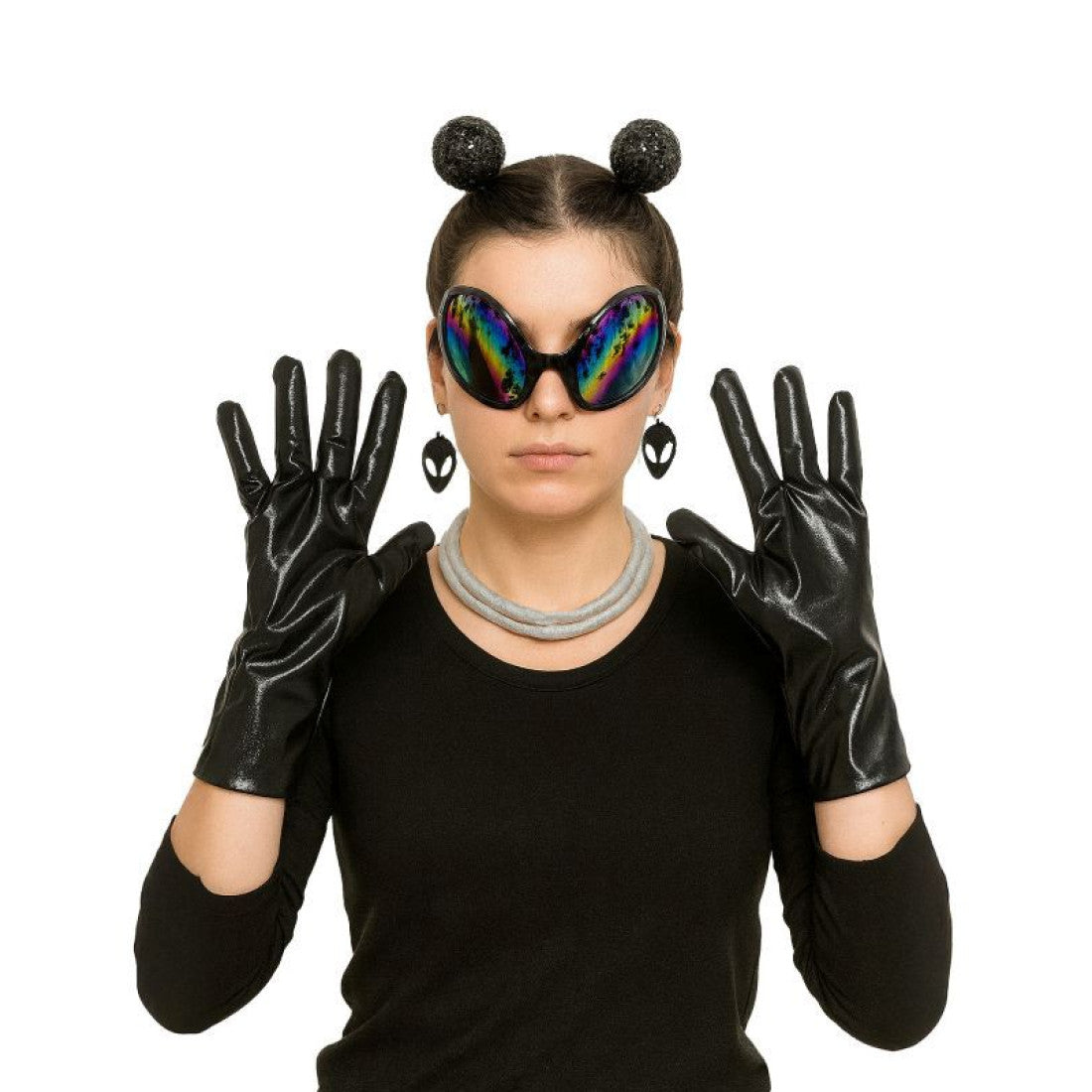 Black patent leather gloves with a glossy finish and long fitted design from the alien dress-up kit