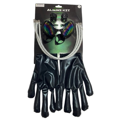 Black latex gloves with a glossy finish from the alien dress-up kit costume set