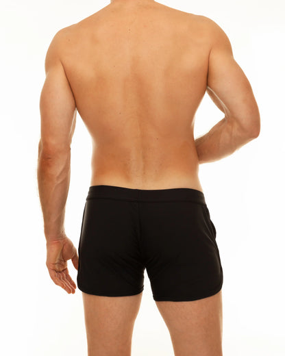 Black along slit swim short athletic shorts with sleek form fitting design for active swimwear use