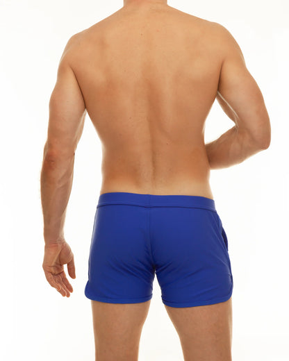 Bright blue along slit swim short with snug fit and elastic waistband designed for athletic use