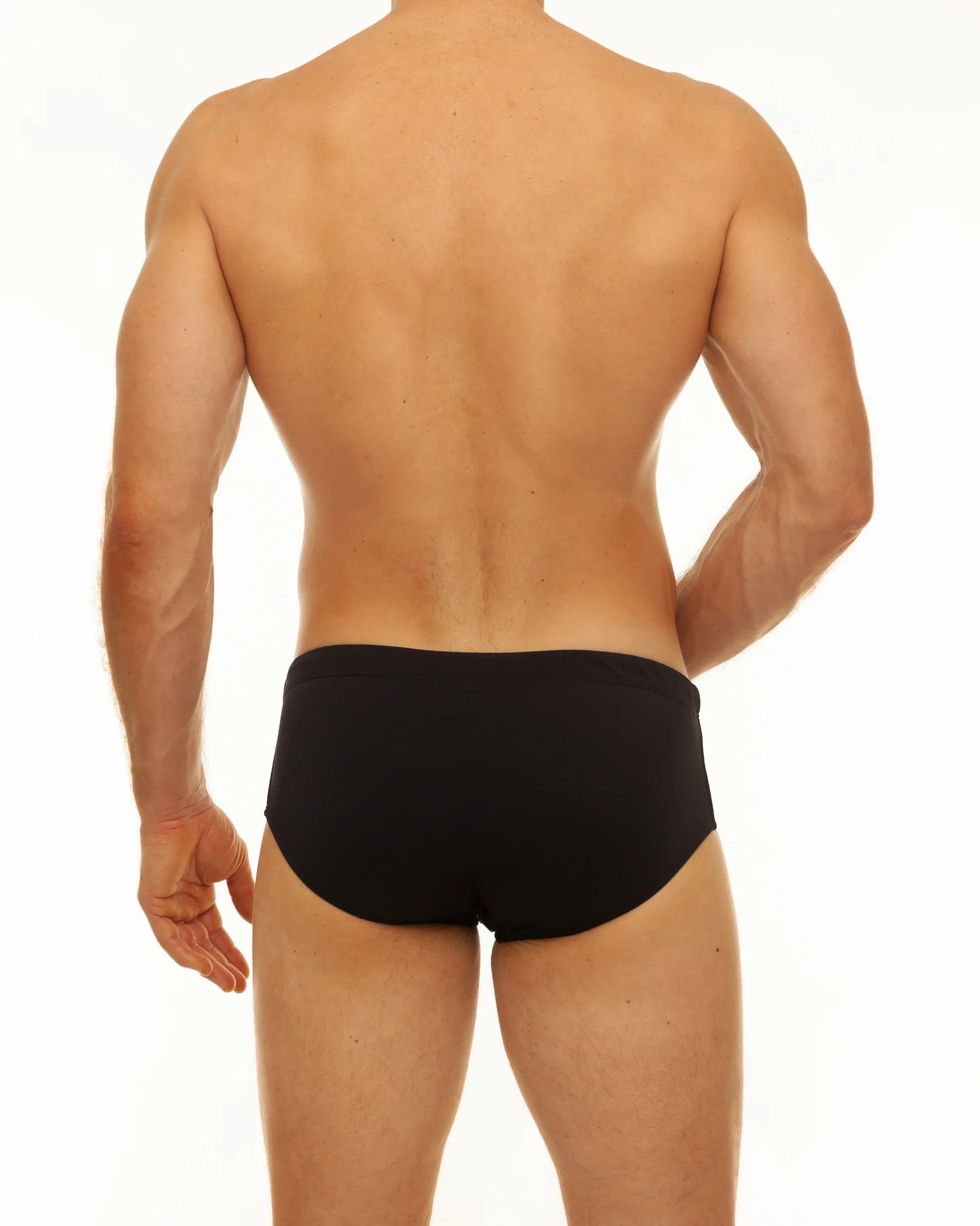 Black along solid swim brief with smooth form-fitting design for comfortable swimwear use