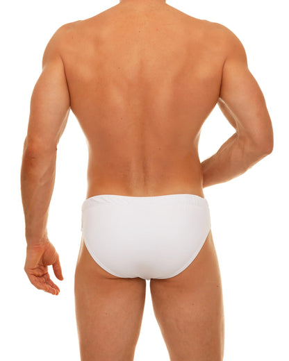 White along solid swim brief with smooth form-fitting design ideal for swimming and beachwear