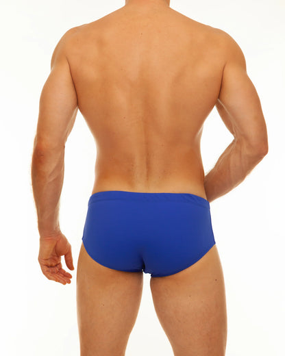 Bright blue along solid swim brief with smooth form-fitting design ideal for comfortable swimwear use