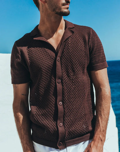 A brown short-sleeved knit cardigan with a textured mesh pattern and matching buttons by AMAFI knit shirt