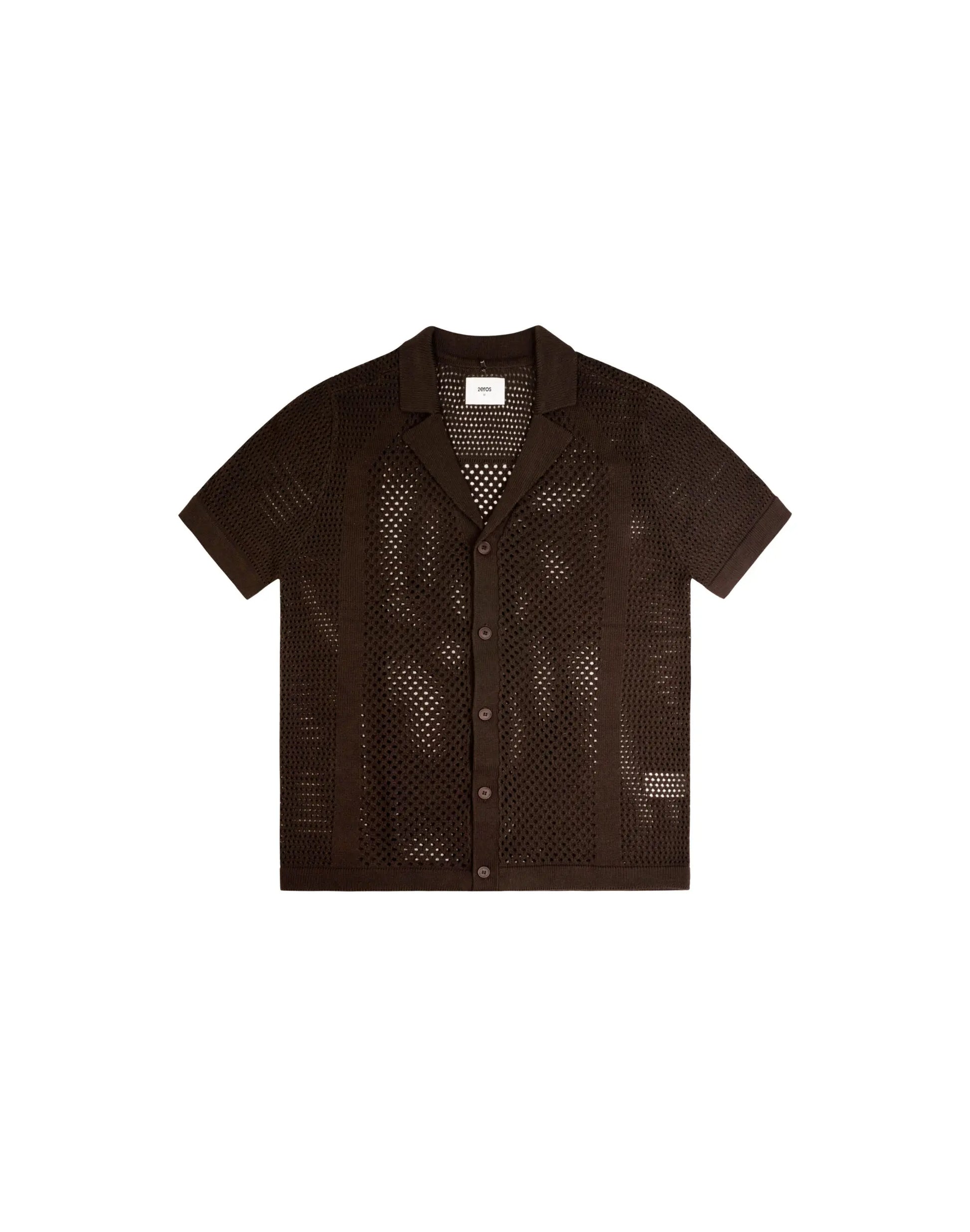 A dark brown amafi knit shirt with short sleeves a perforated knit pattern and a classic collar