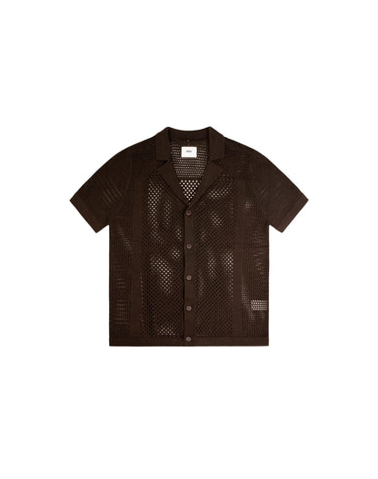 A dark brown amafi knit shirt with short sleeves a perforated knit pattern and a classic collar