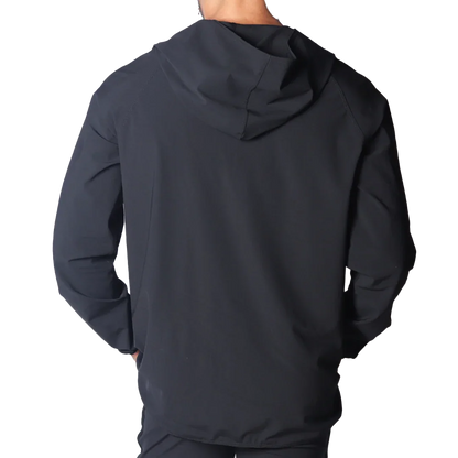 Back view of a black lightweight athletic hoodie with a smooth, matte finish and raglan sleeves.