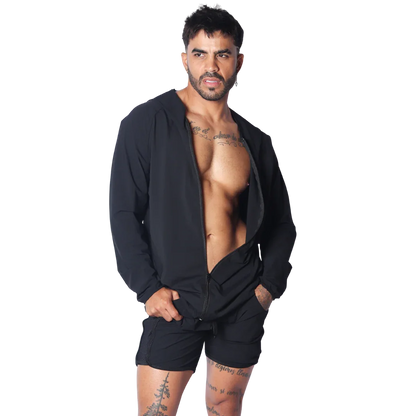 Black lightweight zip-up hooded jacket with long sleeves, worn unzipped over a bare chest.