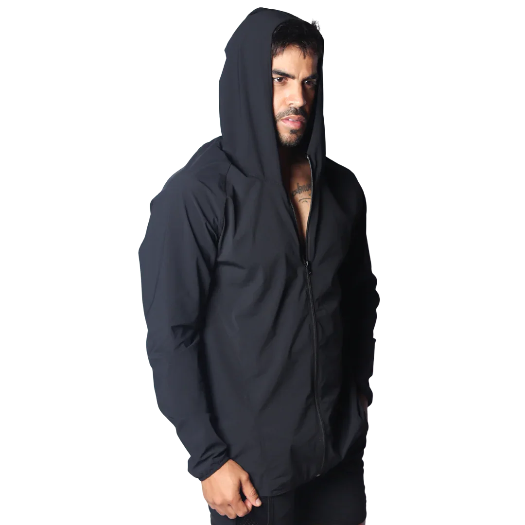 Black lightweight athletic zip-up jacket with a slim-fit design, long sleeves, and an integrated hood.