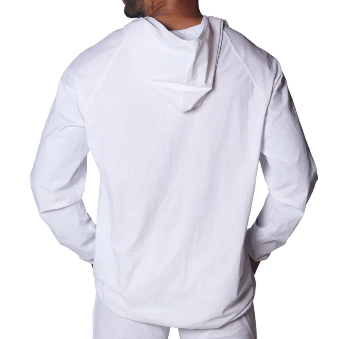 Back view of a plain white lightweight hooded jacket with long raglan sleeves against a black background.