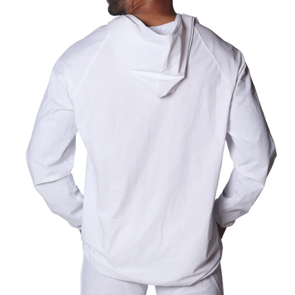 Back view of a plain white lightweight hooded jacket with long raglan sleeves against a black background.