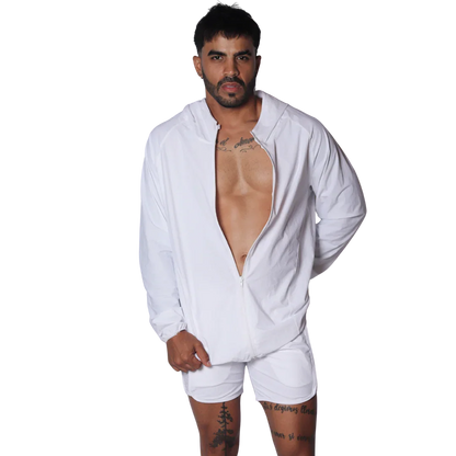 White long-sleeve hooded jacket with front zipper, made of lightweight, smooth performance material.