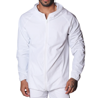 White lightweight zip-up jacket in a technical nylon fabric featuring a hood and long raglan sleeves.