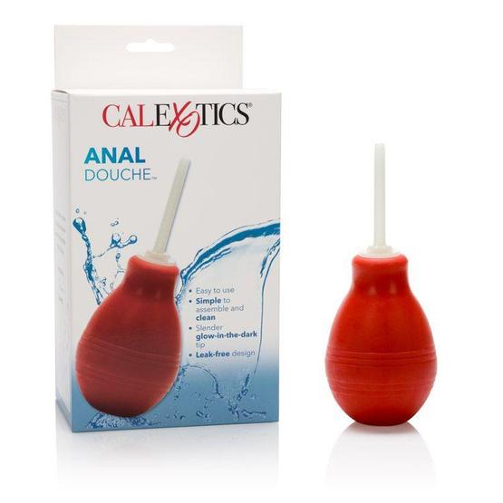 Red silicone anal douche with a white plastic tip designed for personal hygiene and cleaning purposes