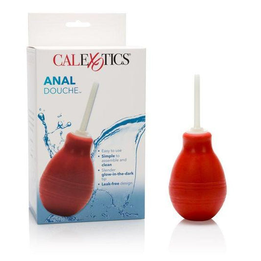 Red silicone anal douche with a white plastic tip designed for personal hygiene and cleaning purposes