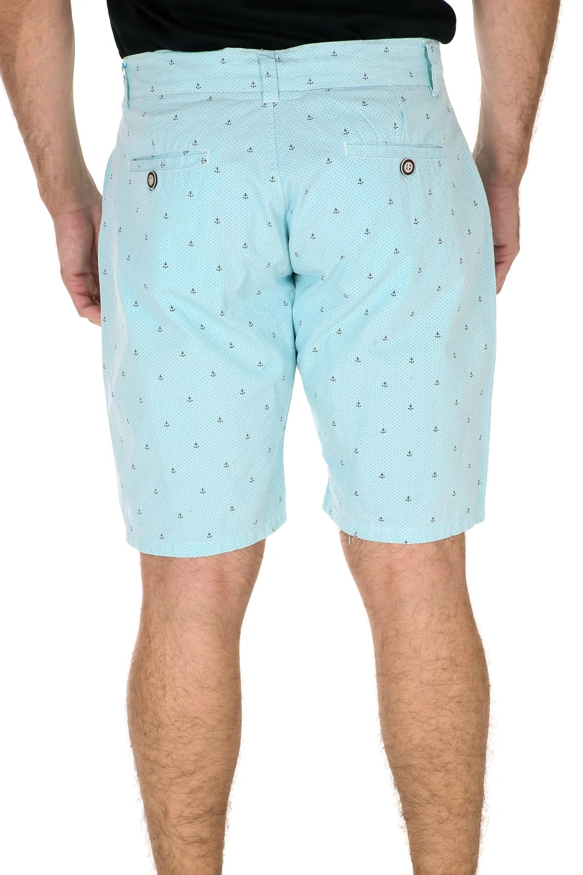 Light blue anchor micro print shorts with buttoned back pockets shown from the back side