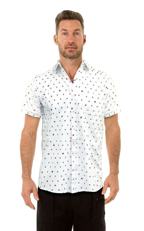 White anchor s s shirt with subtle small anchor and red dot pattern perfect for casual summer wear