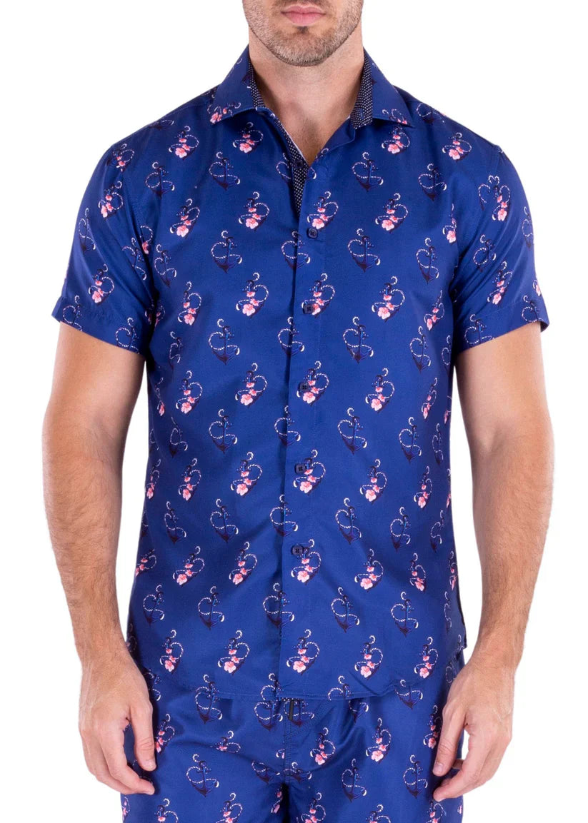 Blue short-sleeved button-up anchoring in hawaii s s shirt with pink and white floral pattern perfect for summer wear