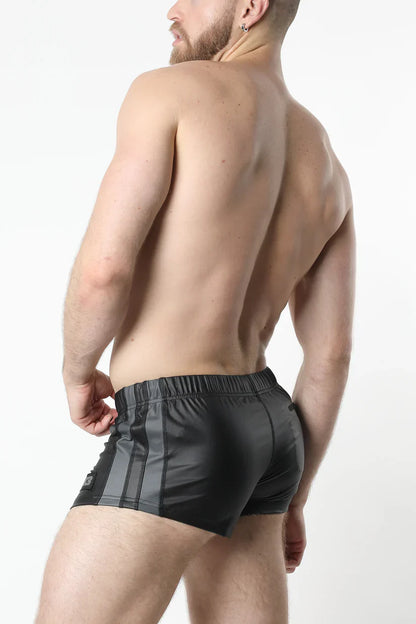 Black leather anti-chrome gear shorts with gray vertical stripes on the sides for a sleek edgy look