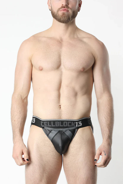Black cellblock13 anti-chrome snap up jockstrap briefs with mesh and solid panel design