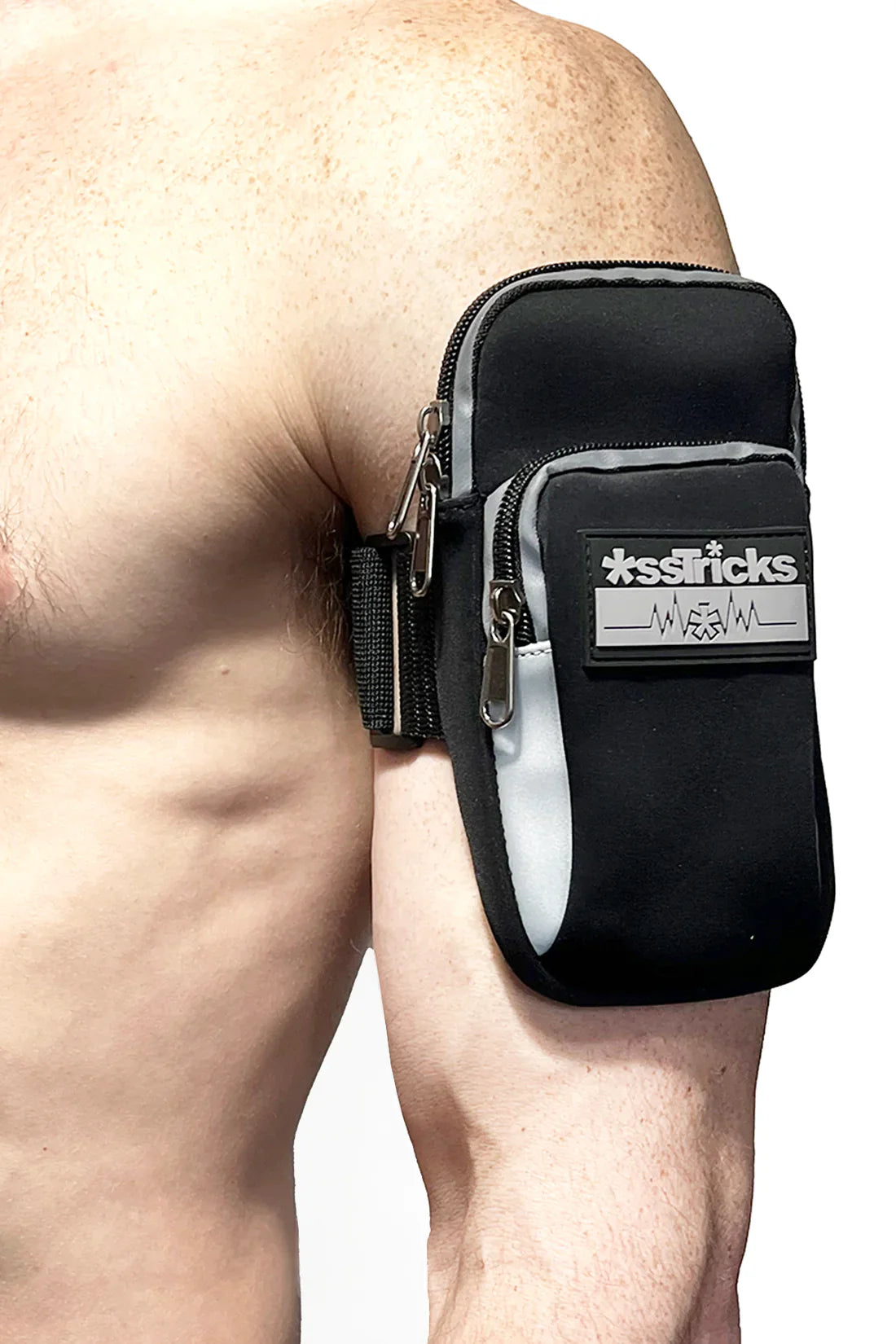 Black and gray sstricks arm bag with zippered compartments and reflective stripe for secure storage during workouts
