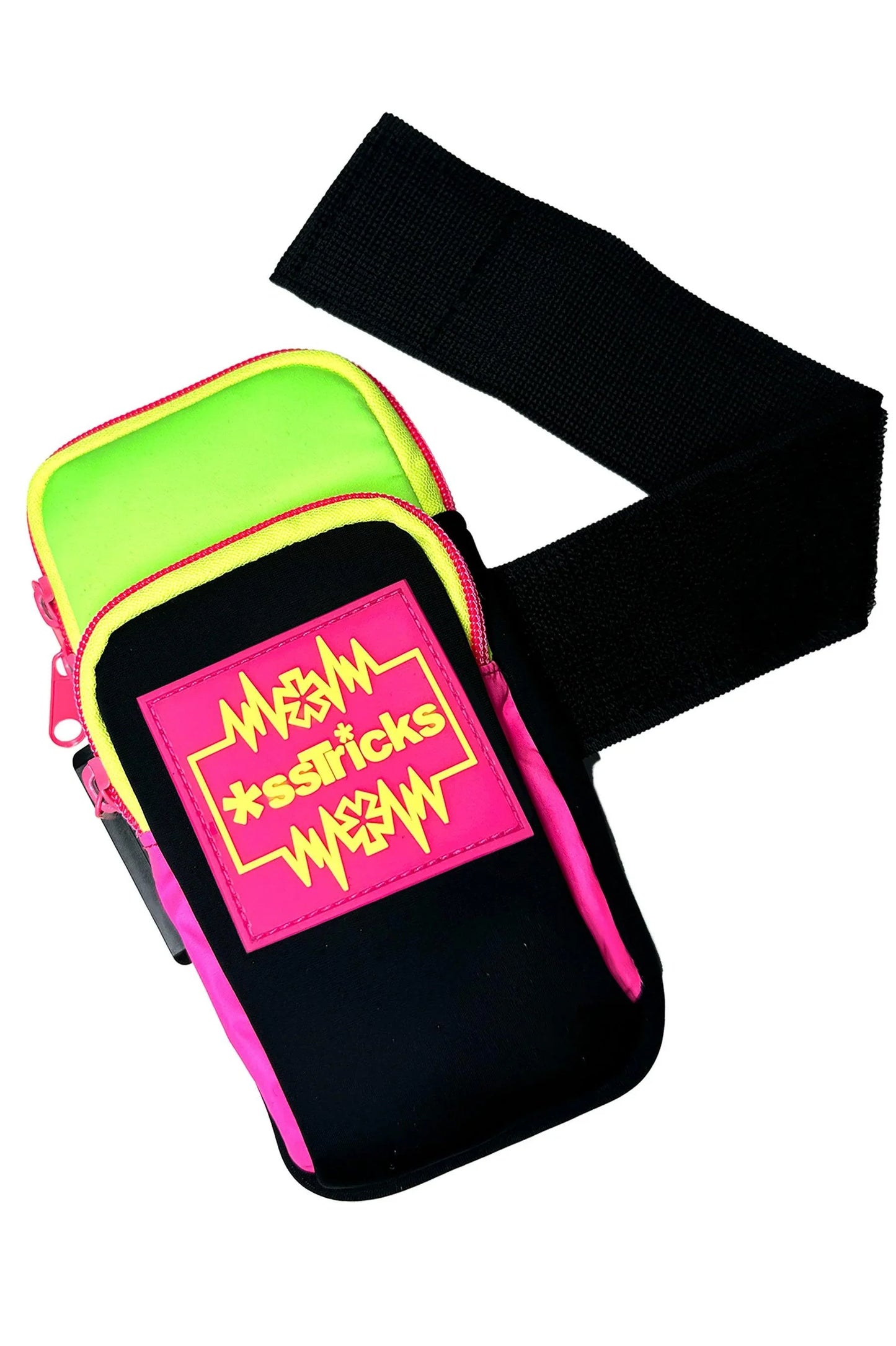 Arm bag wristband in neon green and black with pink zipper accents and bold xstricks logo patch