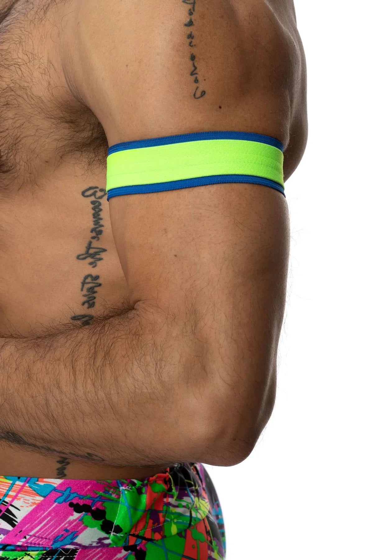 Armband set of 2 featuring neon green and blue reflective fabric for high visibility and safety during activities