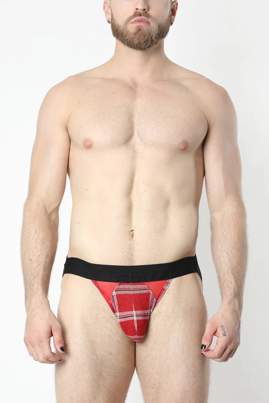 Red plaid briefs with a black waistband featured in the aspen jockstrap design for comfortable support
