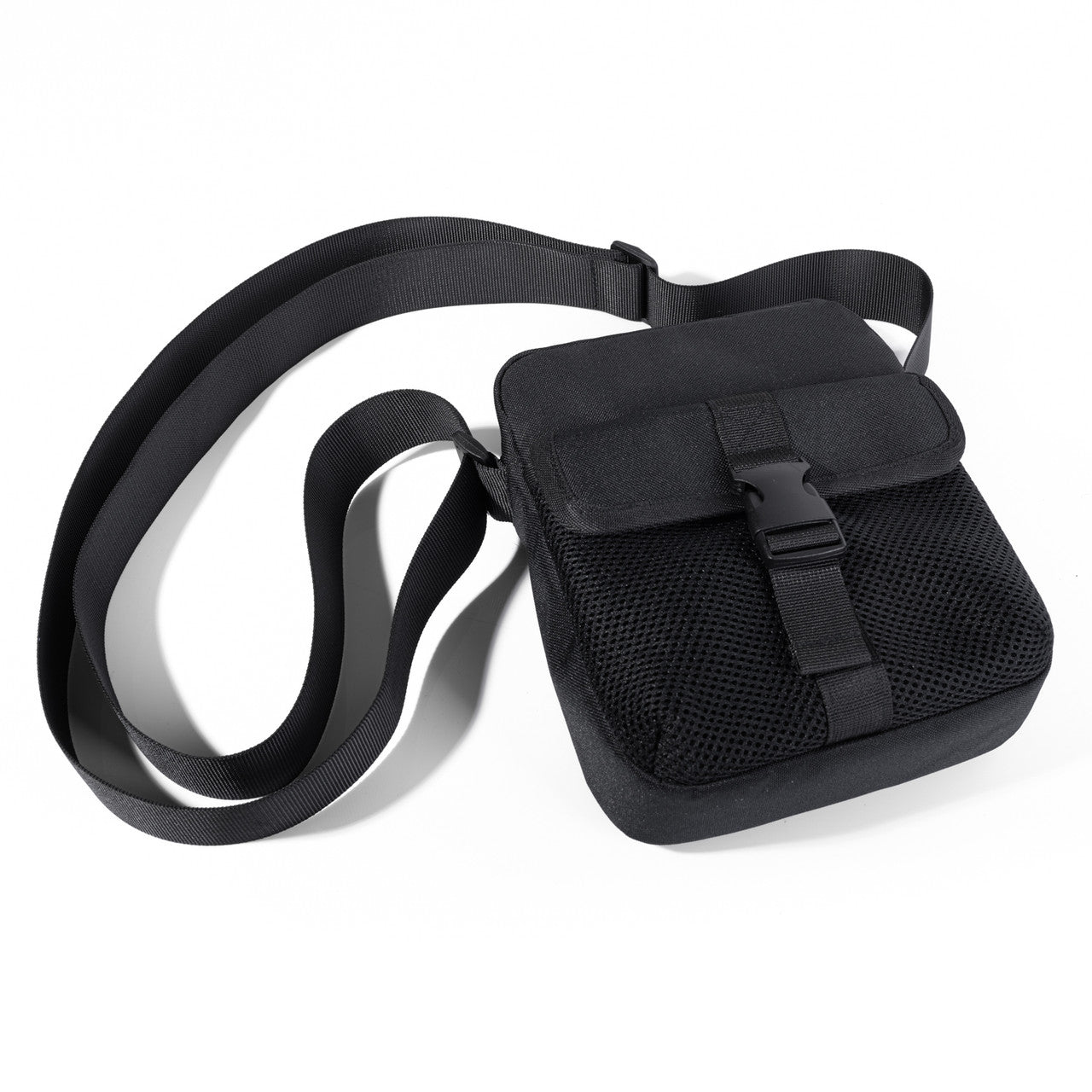 Black mesh athletic crossbody bag with durable nylon strap and front flap secured by plastic buckle