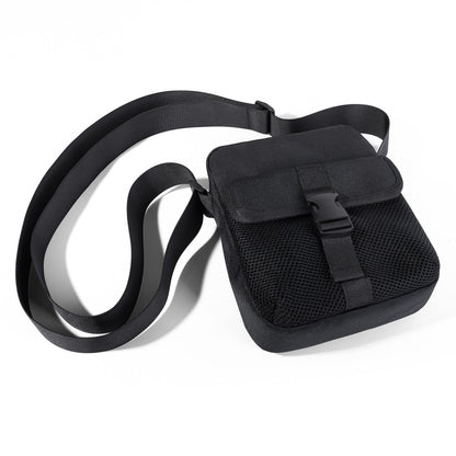 Black mesh athletic crossbody bag with durable nylon strap and front flap secured by plastic buckle