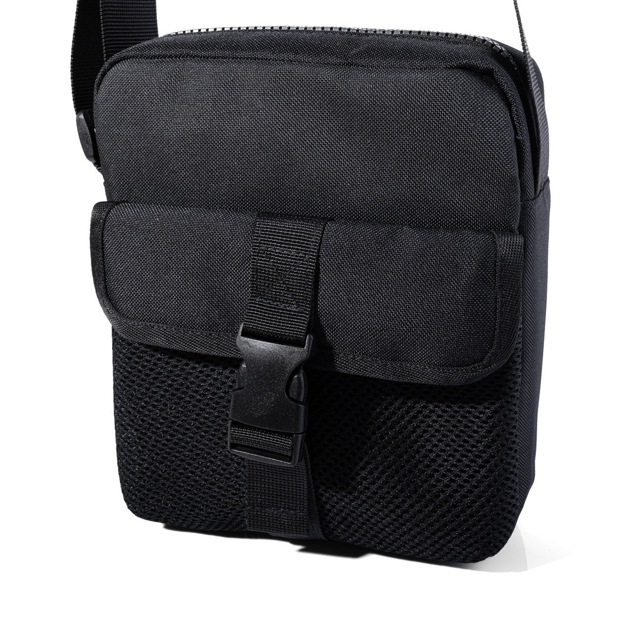 Black athletic crossbody bag featuring mesh panels and buckle closure designed for tactical and everyday use