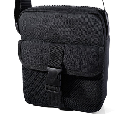 Black athletic crossbody bag featuring mesh panels and buckle closure designed for tactical and everyday use