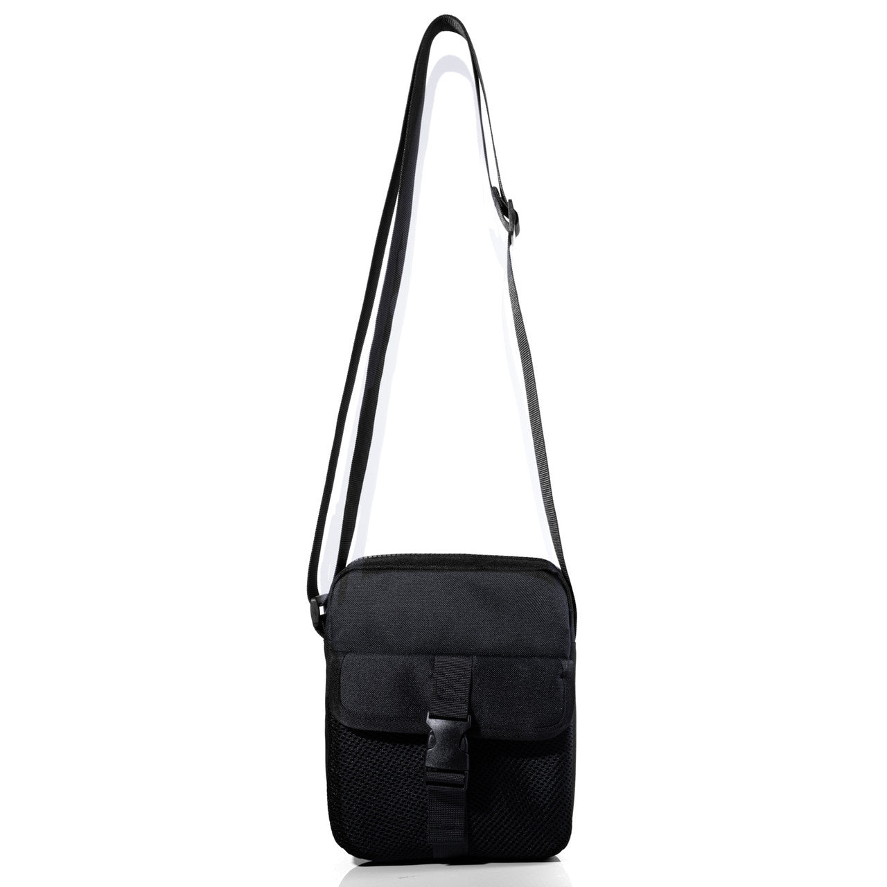 Black athletic crossbody bag with mesh panel and adjustable strap for hands-free convenience