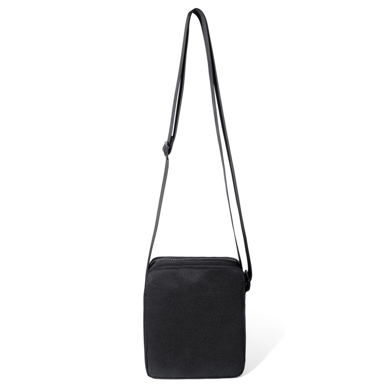 Black athletic crossbody bag with rectangular shape and adjustable matching strap for hands-free use