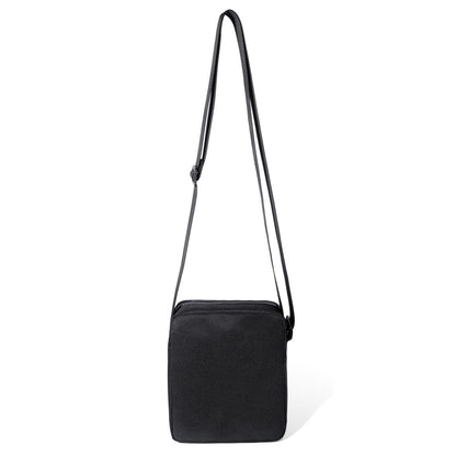 Black athletic crossbody bag with rectangular shape and adjustable matching strap for hands-free use