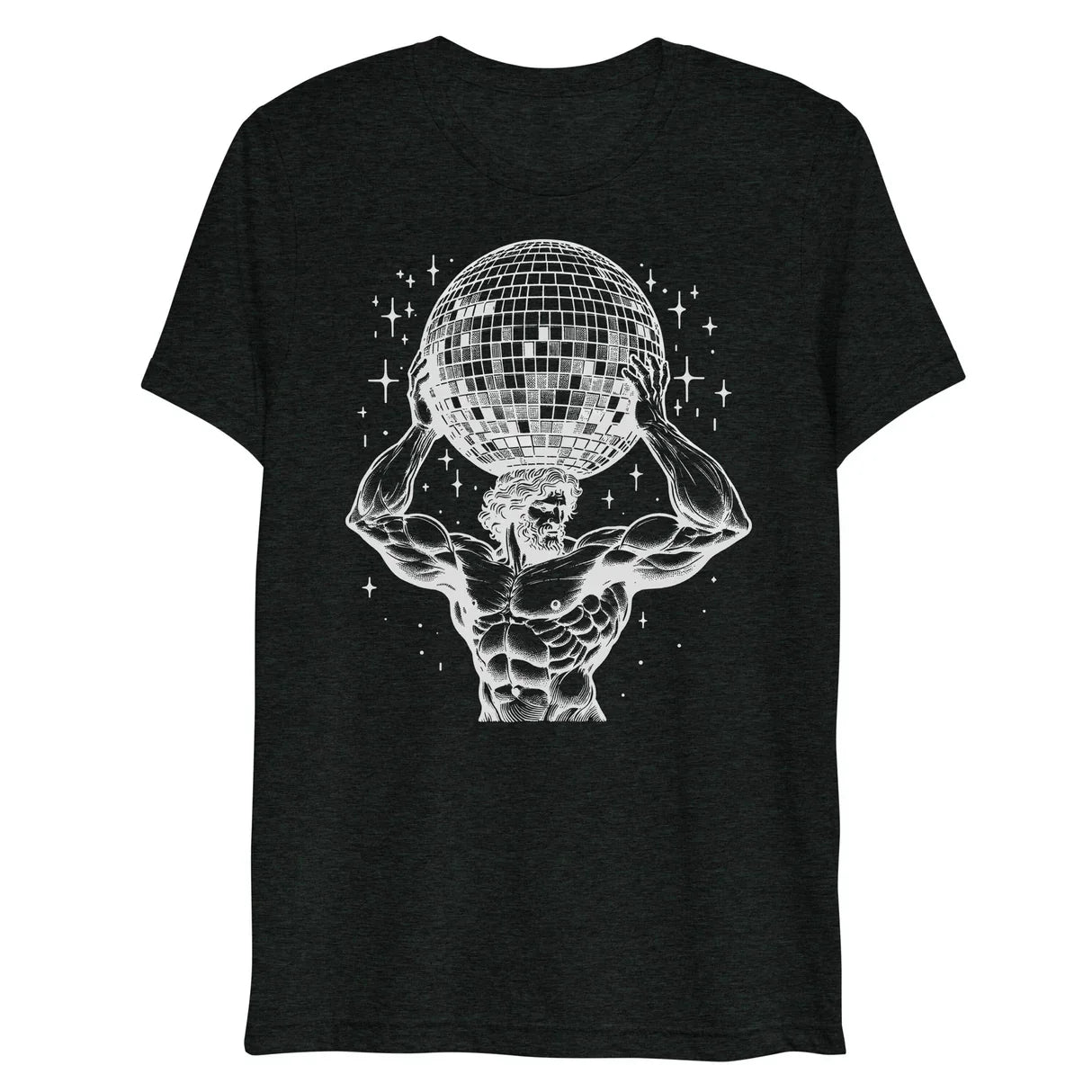 Black heathered t-shirt with white line art of a muscular figure holding a disco ball surrounded by starbursts atlas boogie
