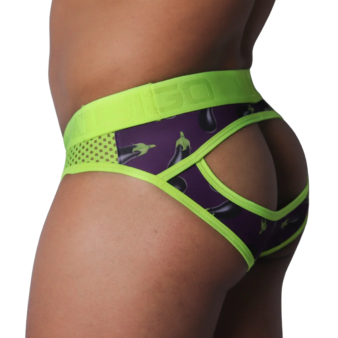 Purple aubergine-print jockstrap with neon green mesh panels, trim, and embossed branded elastic waistband.