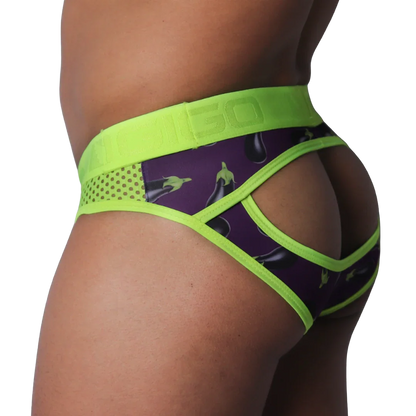 Purple aubergine-print jockstrap with neon green mesh panels, trim, and embossed branded elastic waistband.