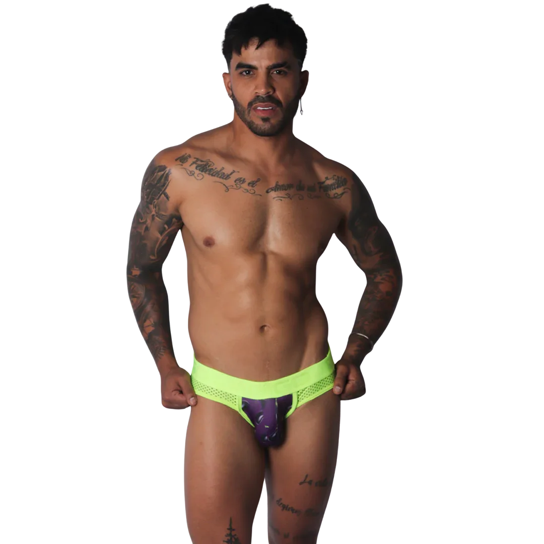 Neon yellow jockstrap with mesh sides and a dark purple, aubergine-patterned front pouch.