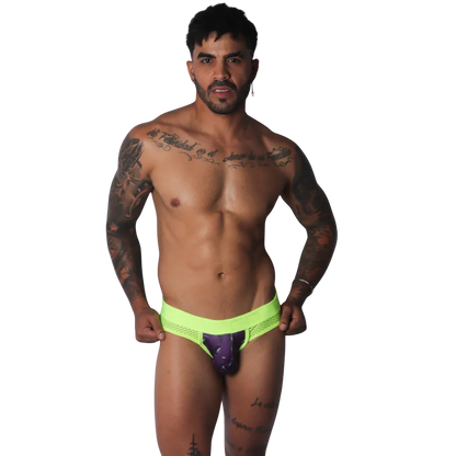 Neon yellow jockstrap with mesh sides and a dark purple, aubergine-patterned front pouch.