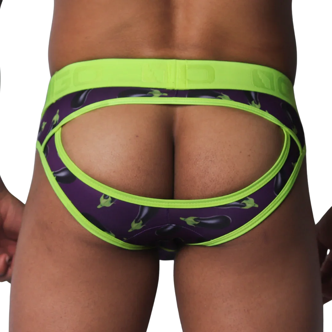 Purple jockstrap with eggplant print, lime green trim, and an open-back design on a thick logo waistband.