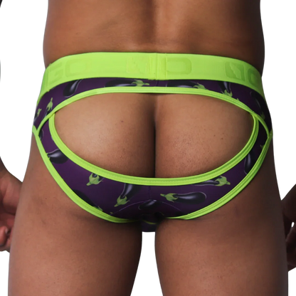 Purple jockstrap with eggplant print, lime green trim, and an open-back design on a thick logo waistband.
