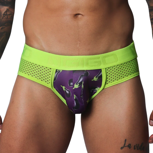 Neon green mesh briefs featuring a purple pouch with an all-over eggplant print and an embossed logo waistband.