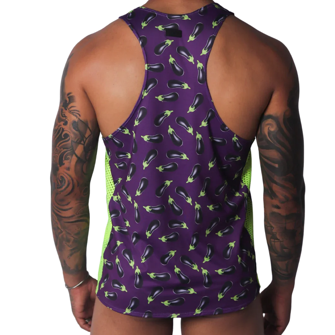 Purple racerback tank top with an eggplant pattern and neon green mesh side panels.