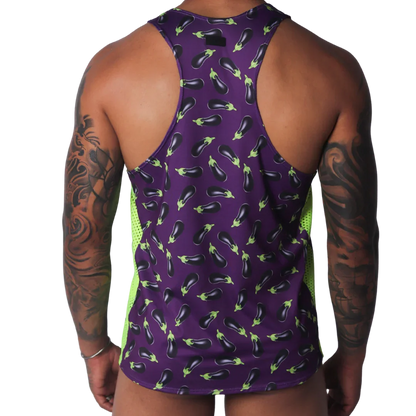 Purple racerback tank top with an eggplant pattern and neon green mesh side panels.