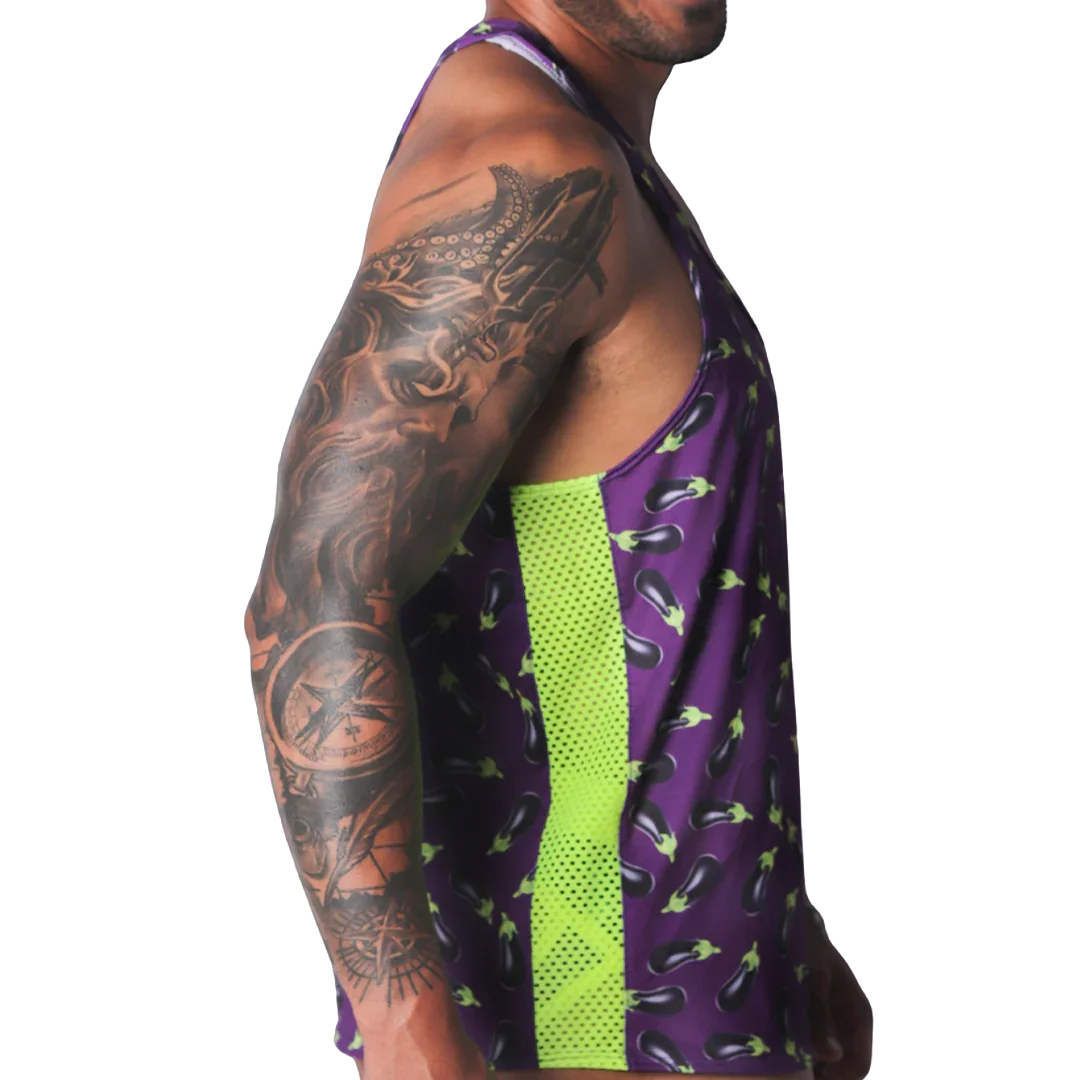 Aubergine-print tank top in purple with lime green mesh side panels and a racerback style.