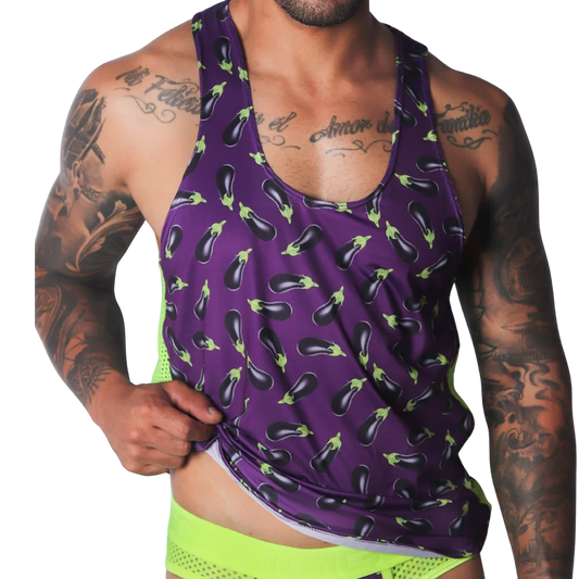 Aubergine-print purple racerback tank top with neon green mesh side panels and a scoop neckline.