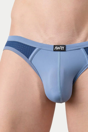 Light blue and navy mesh bikini briefs with a centered black "AWRY" logo on the waistband.
