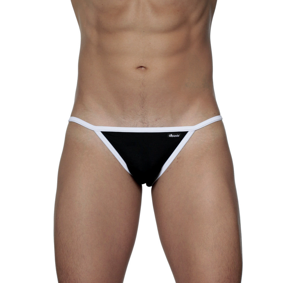 Black and white groovin accent string bikini thong with slim minimalist design showing the back side