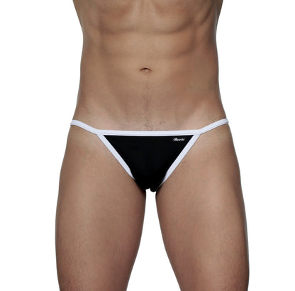 Black and white groovin accent string bikini thong with slim minimalist design showing the back side